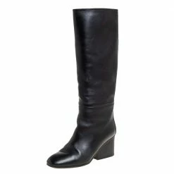 Hermes Black Leather Knee Length Boots Size 38 For Women