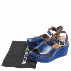 Hermes Blue Glossy Leather Perforated Espadrille Wedge Sandals Size 39 For Women -Deals Hermes Store luxury women hermes used shoes p442170 005