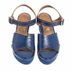 Hermes Blue Glossy Leather Perforated Espadrille Wedge Sandals Size 39 For Women -Deals Hermes Store luxury women hermes used shoes p442170 1622304242 009