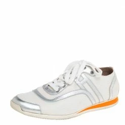 Hermes White Nylon And Silver Leather Low Top Sneakers Size 38 For Women