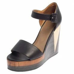 Hermes Dark Brown Leather D'Orsay Wedge Sandals Size 39 For Women