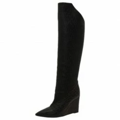 Hermes Black Monogram Leather Wedge Tall Boots Size 36 For Women