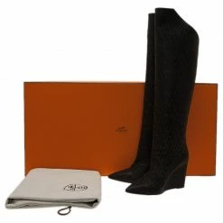 Hermes Black Monogram Leather Wedge Tall Boots Size 36 For Women -Deals Hermes Store luxury women hermes used shoes p44725 012