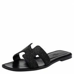 Hermes Hermés Black Glitter Oran Flats Sandals Size 39 For Women