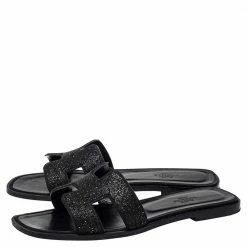 Hermes Hermés Black Glitter Oran Flats Sandals Size 39 For Women -Deals Hermes Store luxury women hermes used shoes p448484 007