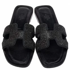 Hermes Hermés Black Glitter Oran Flats Sandals Size 39 For Women -Deals Hermes Store luxury women hermes used shoes p448484 008