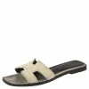 Hermes White Embroidered Fabric Oran Sandals Size 37.5 For Women -Deals Hermes Store luxury women hermes used shoes p459095 007