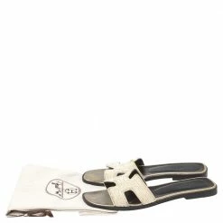 Hermes White Embroidered Fabric Oran Sandals Size 37.5 For Women -Deals Hermes Store luxury women hermes used shoes p459095 009