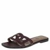 Hermes Burgundy Leather Omaha Slide Flats Size 38 For Women