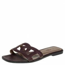 Hermes Burgundy Leather Omaha Slide Flats Size 38 For Women