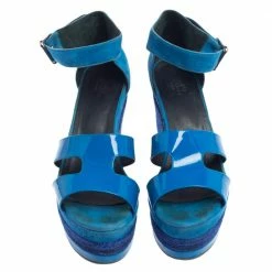 Hermes Blue Suede And Patent Leather Ilana Espadrille Wedge Sandals Size 38 For Women -Deals Hermes Store luxury women hermes used shoes p459796 005