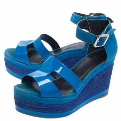 Hermes Blue Suede And Patent Leather Ilana Espadrille Wedge Sandals Size 38 For Women -Deals Hermes Store luxury women hermes used shoes p459796 006