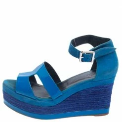 Hermes Blue Suede And Patent Leather Ilana Espadrille Wedge Sandals Size 38 For Women -Deals Hermes Store luxury women hermes used shoes p459796 008