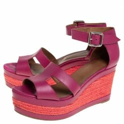 Hermes Pink Leather Ilana Espadrille Wedge Sandals Size 39 For Women -Deals Hermes Store luxury women hermes used shoes p459833 006