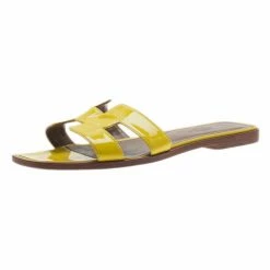 Hermes Yellow Patent Oran Box Sandals Size 37.5 For Women
