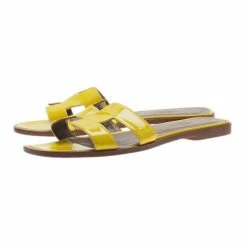 Hermes Yellow Patent Oran Box Sandals Size 37.5 For Women -Deals Hermes Store luxury women hermes used shoes p4602 004
