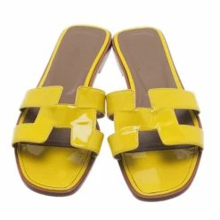 Hermes Yellow Patent Oran Box Sandals Size 37.5 For Women -Deals Hermes Store luxury women hermes used shoes p4602 006