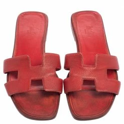 Hermes Rouge Taurillon Clemence Leather Oran Flats Size 40 For Women 12 Hermes Rouge Taurillon Clemence Leather Oran Flats Size 40 For Women -Deals Hermes Store luxury women hermes used shoes p462008 003