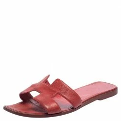 Hermes Rouge Taurillon Clemence Leather Oran Flats Size 40 For Women