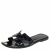 Hermes Black Patent Ostrich Leather Oran Flat Slides Size 38 For Women