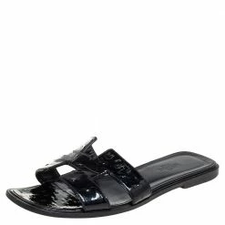 Hermes Black Patent Ostrich Leather Oran Flat Slides Size 38 For Women