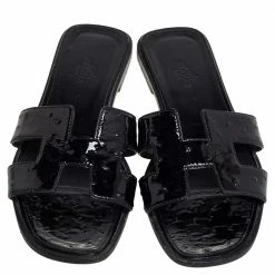 Hermes Black Patent Ostrich Leather Oran Flat Slides Size 38 For Women -Deals Hermes Store luxury women hermes used shoes p464802 005