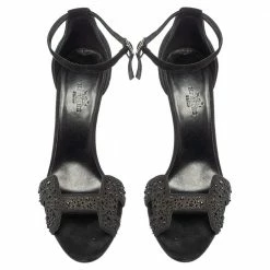 Hermes Black Suede And Crystal Embellished Premiere Ankle Strap Sandals Size 37 For Women -Deals Hermes Store luxury women hermes used shoes p464858 006