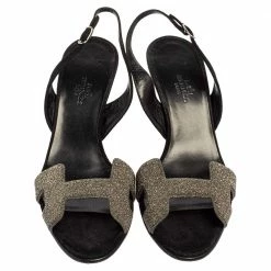Hermes Silver Glitter And Black Suede Night Slingback Sandals Size 38 For Women -Deals Hermes Store luxury women hermes used shoes p465280 005