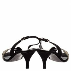 Hermes Silver Glitter And Black Suede Night Slingback Sandals Size 38 For Women -Deals Hermes Store luxury women hermes used shoes p465280 006