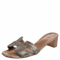 Hermes Metallic Python Leather Oasis Slide Sandals Size 39.5 For Women