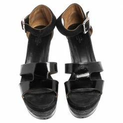 Hermes Black Patent Leather And Suede Ilana Espadrille Wedge Sandals Size 39 For Women -Deals Hermes Store luxury women hermes used shoes p469976 003