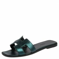 Hermes Metallic Dark Teal Leather Oran Sandals Size 37.5 For Women