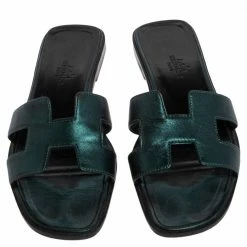 Hermes Metallic Dark Teal Leather Oran Sandals Size 37.5 For Women 13 Hermes Metallic Dark Teal Leather Oran Sandals Size 37.5 For Women -Deals Hermes Store luxury women hermes used shoes p470560 009