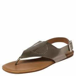 Hermes Hermès Grey Patent Leather Kola Thong Flat Slingback Sandals Size 38 For Women