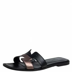 Hermes Black/Metallic Gold Leather Oran Flat Slides Size 38 For Women