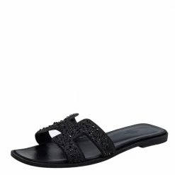 Hermes Black Crystal Embellished Suede Oran Sandals Size 39.5 For Women