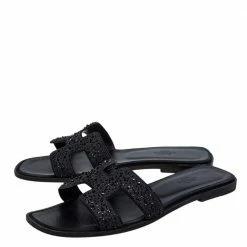 Hermes Black Crystal Embellished Suede Oran Sandals Size 39.5 For Women -Deals Hermes Store luxury women hermes used shoes p472095 008