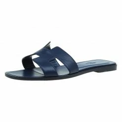 Hermes Navy Blue Leather Oran Sandals Size 39 For Women