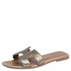 Hermes Metallic Gold Python Leather Oran Sandals Size 39.5 For Women