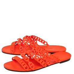 Hermes Orange Rubber Chain-Link Thalassa Slide Sandals Size 40 For Women -Deals Hermes Store luxury women hermes used shoes p475838 005