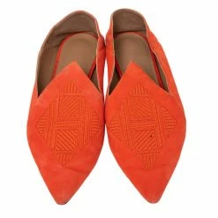 Hermes Orange Suede Logo Embroidered Pointed Toe Smoking Slippers Size 41 For Women -Deals Hermes Store luxury women hermes used shoes p475934 003
