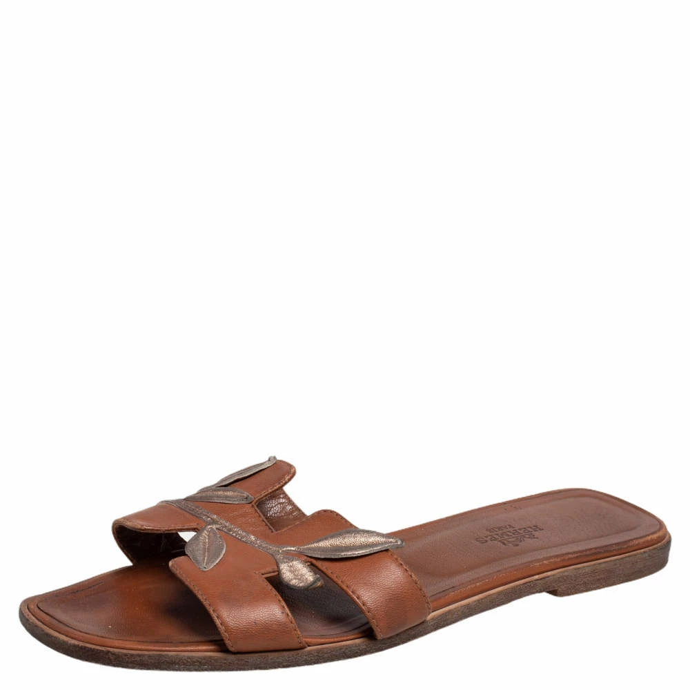 Hermes Hermès Brown Leather Gold Leaves Oran Flats Size 37.5 For Women 3 Hermes Hermès Brown Leather Gold Leaves Oran Flats Size 37.5 For Women