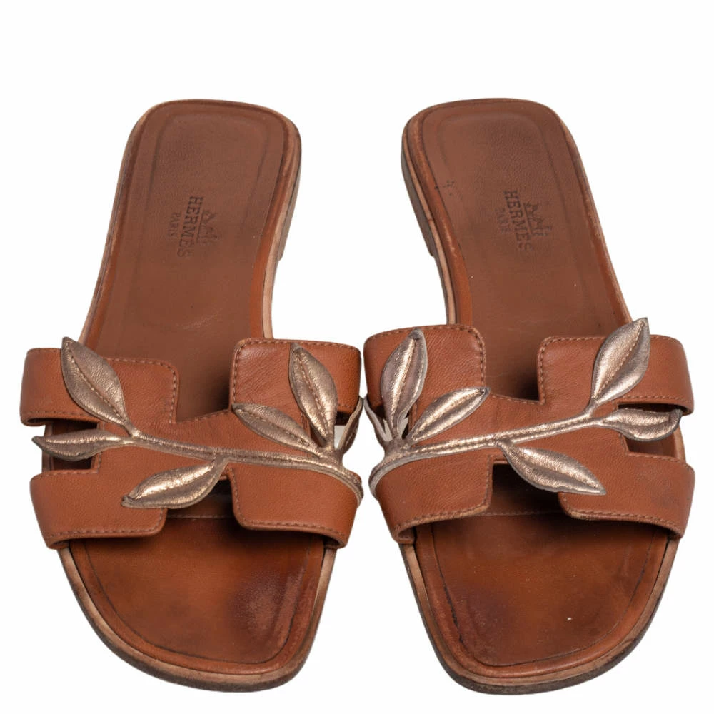 Hermes Hermès Brown Leather Gold Leaves Oran Flats Size 37.5 For Women 5 Hermes Hermès Brown Leather Gold Leaves Oran Flats Size 37.5 For Women - Image 3