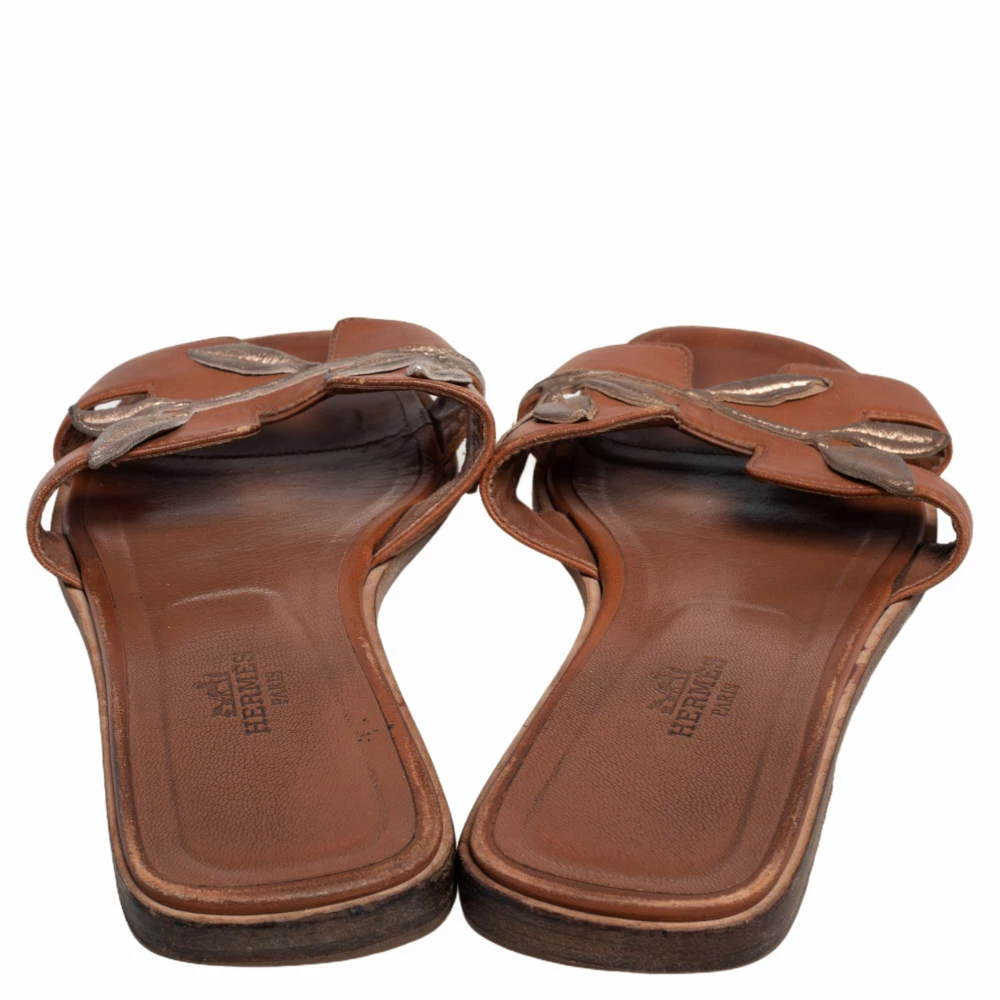 Hermes Hermès Brown Leather Gold Leaves Oran Flats Size 37.5 For Women 7 Hermes Hermès Brown Leather Gold Leaves Oran Flats Size 37.5 For Women - Image 5