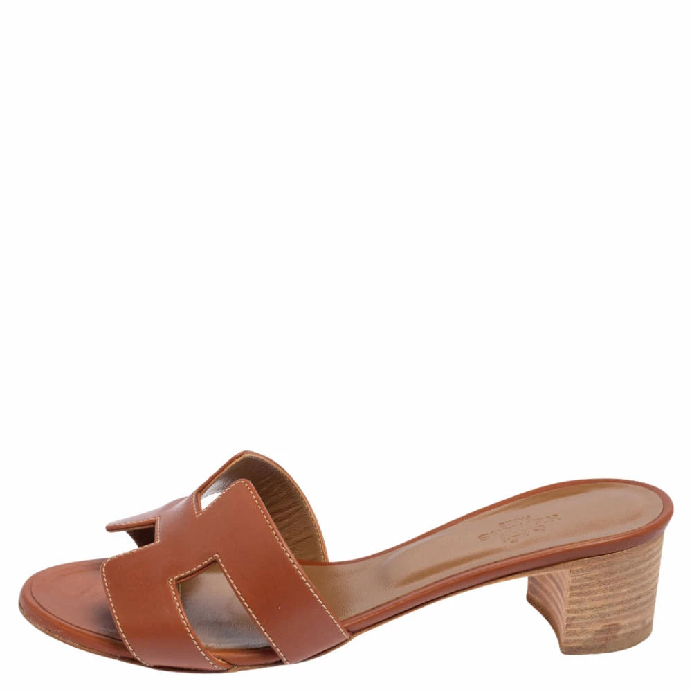 Hermes Brown Leather Oasis Block Heel Slide Sandals Size 36.5 For Women 4 Hermes Brown Leather Oasis Block Heel Slide Sandals Size 36.5 For Women - Image 2
