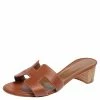 Hermes Brown Leather Oasis Block Heel Slide Sandals Size 36.5 For Women
