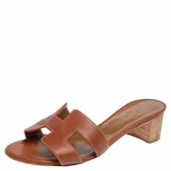 Hermes Brown Leather Oasis Block Heel Slide Sandals Size 36.5 For Women