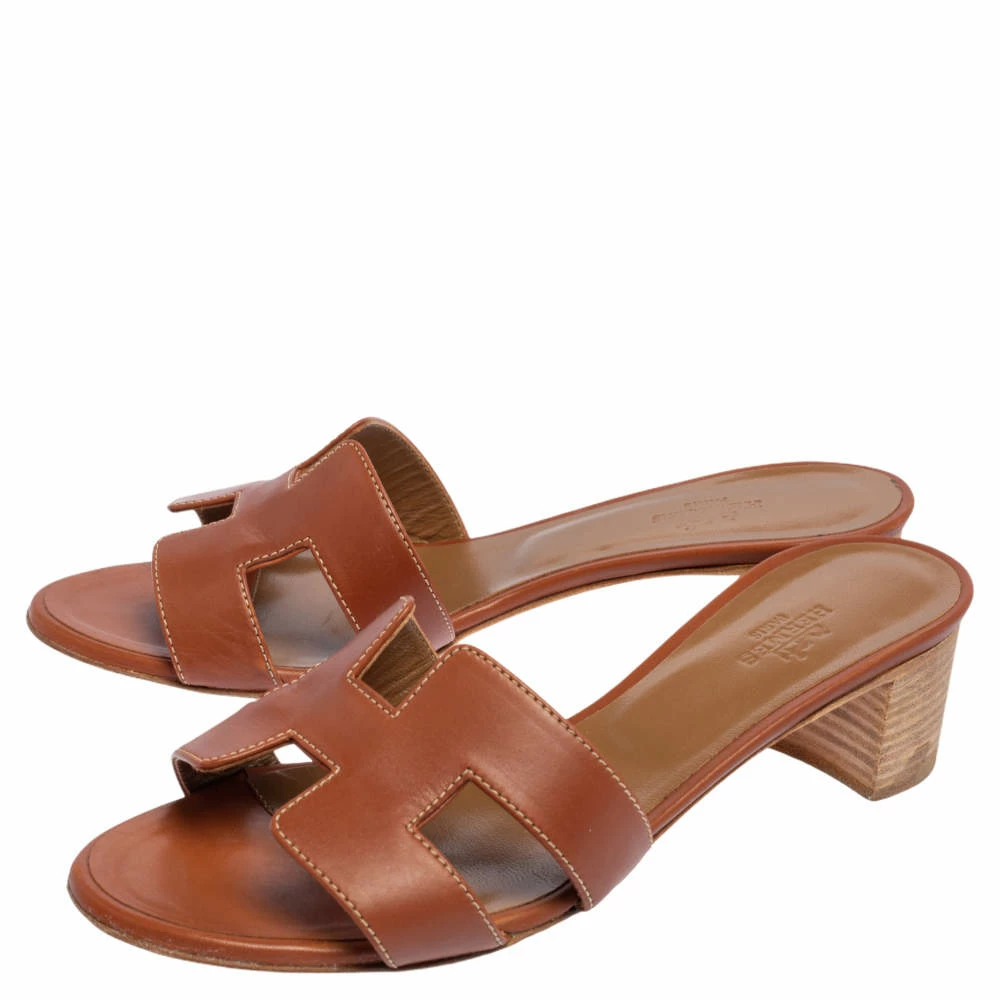 Hermes Brown Leather Oasis Block Heel Slide Sandals Size 36.5 For Women 6 Hermes Brown Leather Oasis Block Heel Slide Sandals Size 36.5 For Women - Image 4