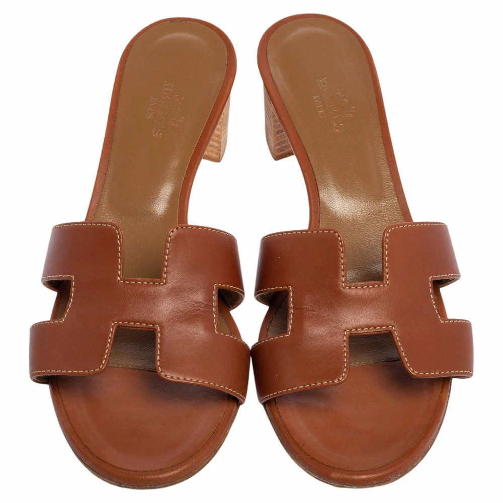 Hermes Brown Leather Oasis Block Heel Slide Sandals Size 36.5 For Women 5 Hermes Brown Leather Oasis Block Heel Slide Sandals Size 36.5 For Women - Image 3