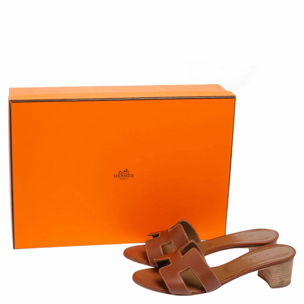 Hermes Brown Leather Oasis Block Heel Slide Sandals Size 36.5 For Women 10 Hermes Brown Leather Oasis Block Heel Slide Sandals Size 36.5 For Women - Image 8